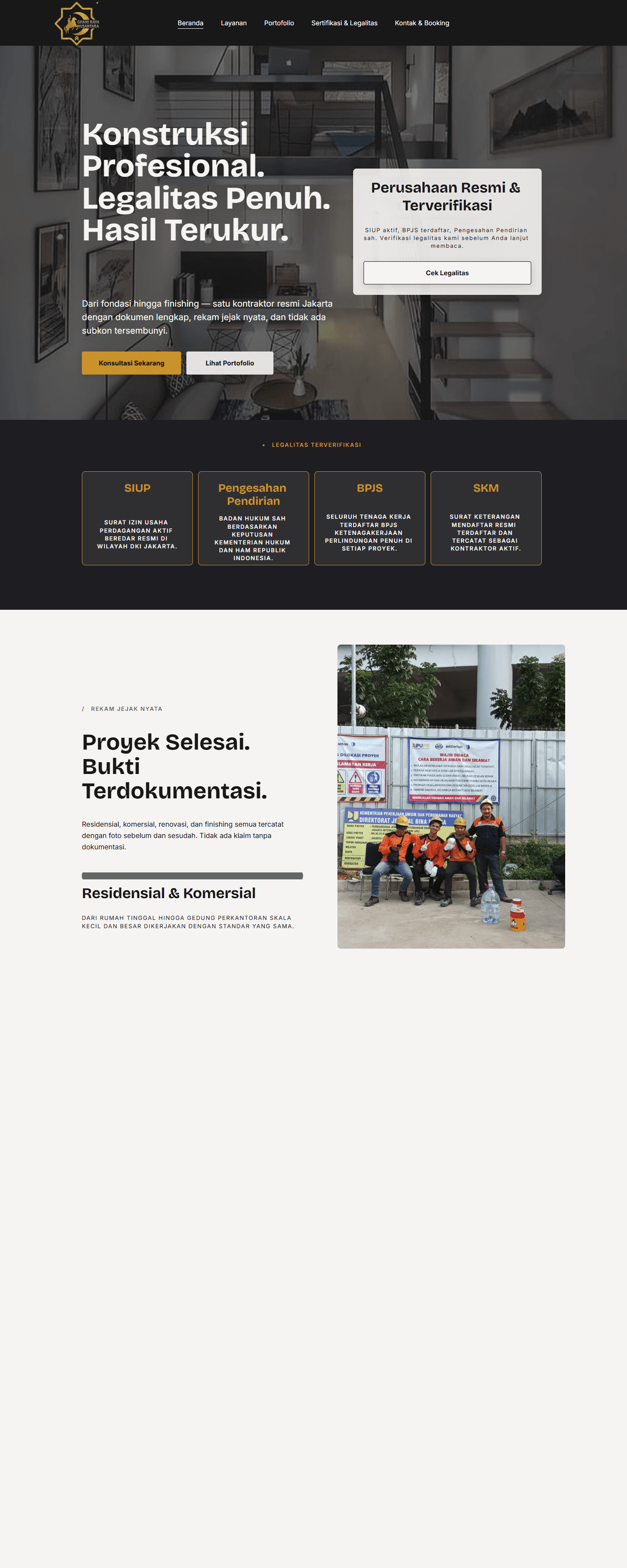 Tampilan beranda website PT Ghani Raya Nusantara, kontraktor bangunan di Jakarta Timur